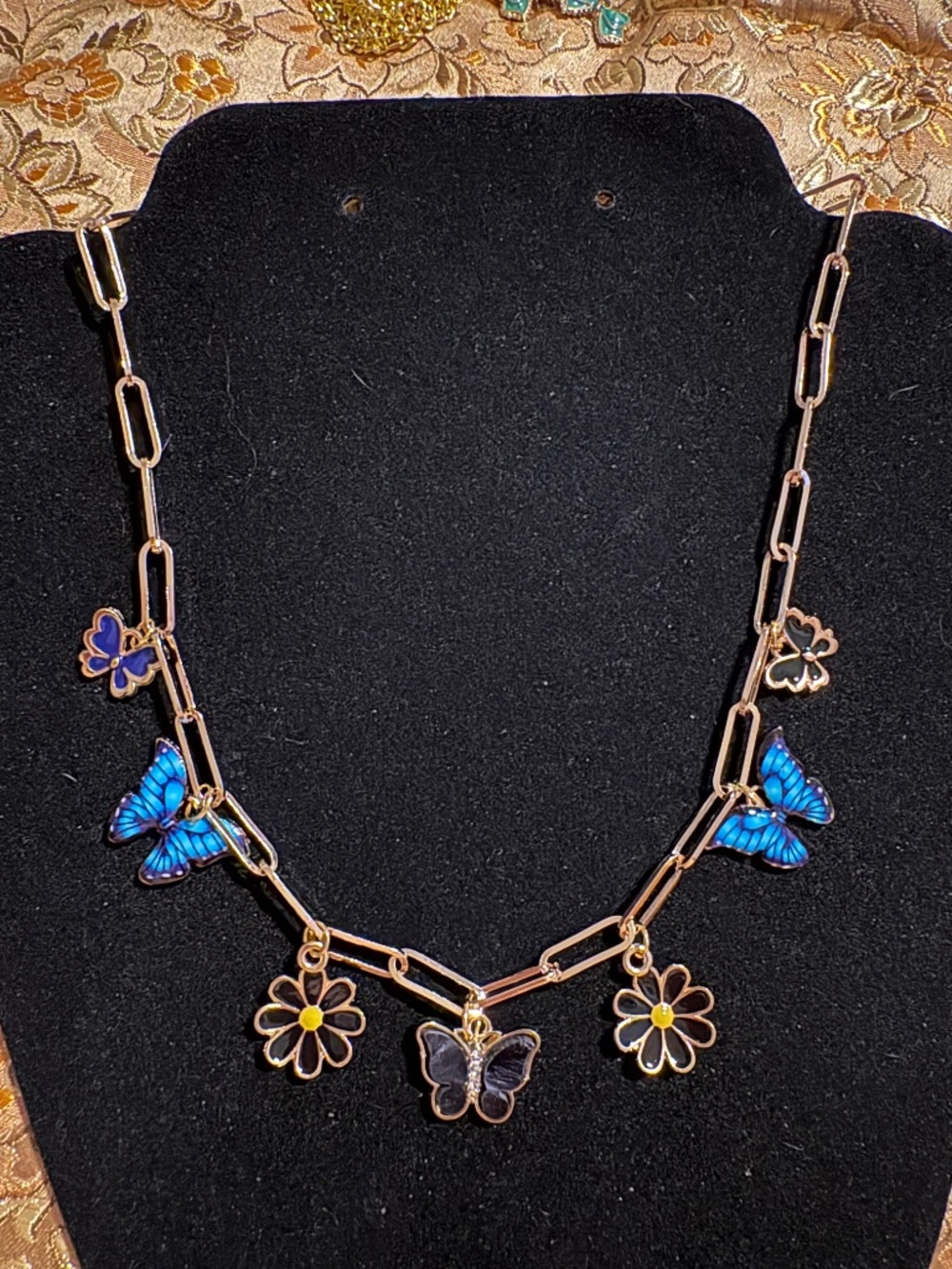 Blue Butterfly Daisy Charm Necklace Gold Paperclip Chain 18” Approx